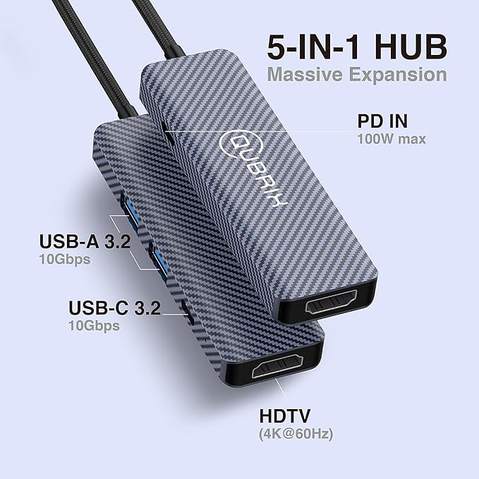 USB C 5 in 1 hub 10Gbps USB-C/A 3.2 Ports 4K 60HZ HDTV 100W PD Fast Charging Compatible for MacBook Pro/Air/Dell XPS/iPad Pro Aluminum Splitter/Surface Pro/Thunderbolt Laptops.