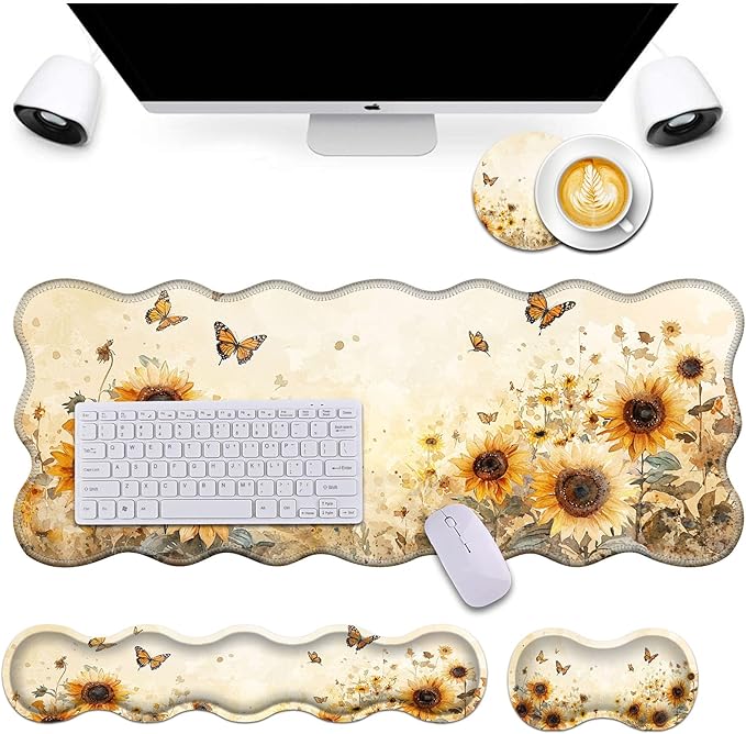 Bxgolkgd Desk Mat SetMouse Pad with Keyboard Wrist Rest &amp Mouse Wrist RestWave-Shaped DesignNon-Slip Rubber BaseErgonomic Desk Mat for HomeOfficeGamingSunflower Butterfly