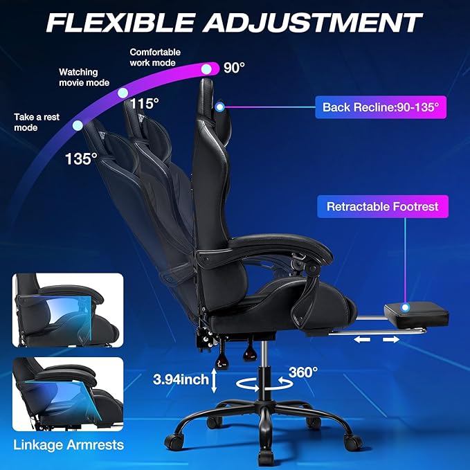 RGB Gaming Chair with Massage and LED Lights Ergonomic Video Game Chairs with Footrest High Back Reclining Computer Chair with Adjustable Lumbar Support Grey and Black