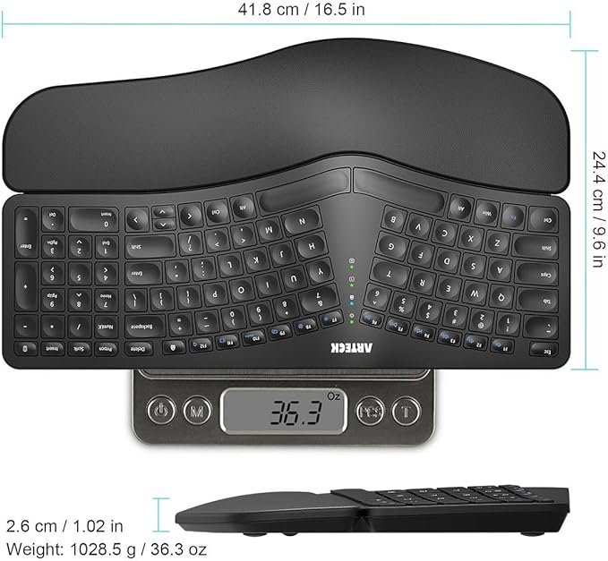 Arteck Split Ergonomic Keyboard with Cushioned Wrist and Palm Rest 2.4G USB Wireless Comfortable Natural Ergonomic Split Keyboard for Windows Computer Desktop Laptop