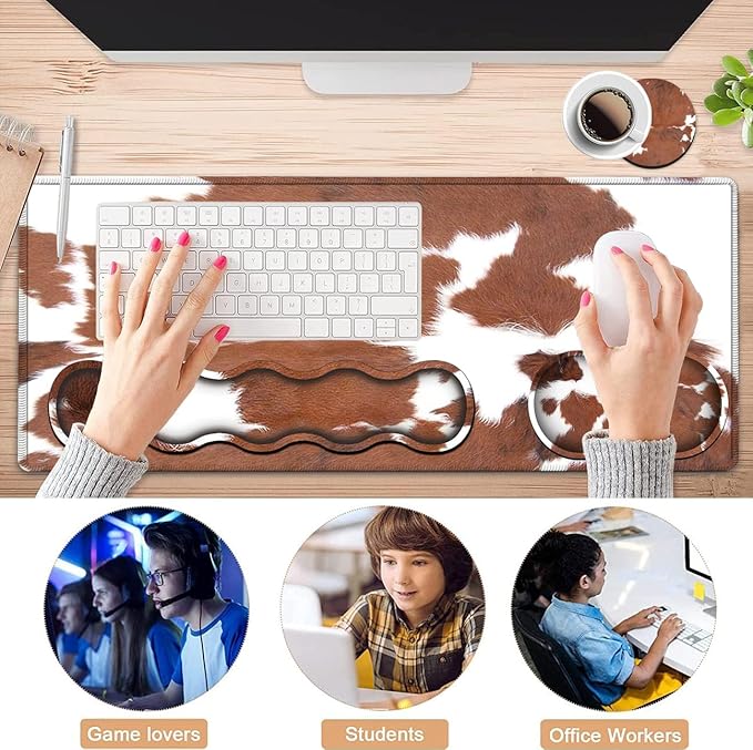 Large Mouse Pad and Gel Mouse Wrist Rest+ Memory Foam Keyboard Wrist Rest Support Set Non-Slip Rubber Base for OfficeHomeComputerExtended Gaming Mousepads XXL Animal Skin Brown Cowhide Desk Mat
