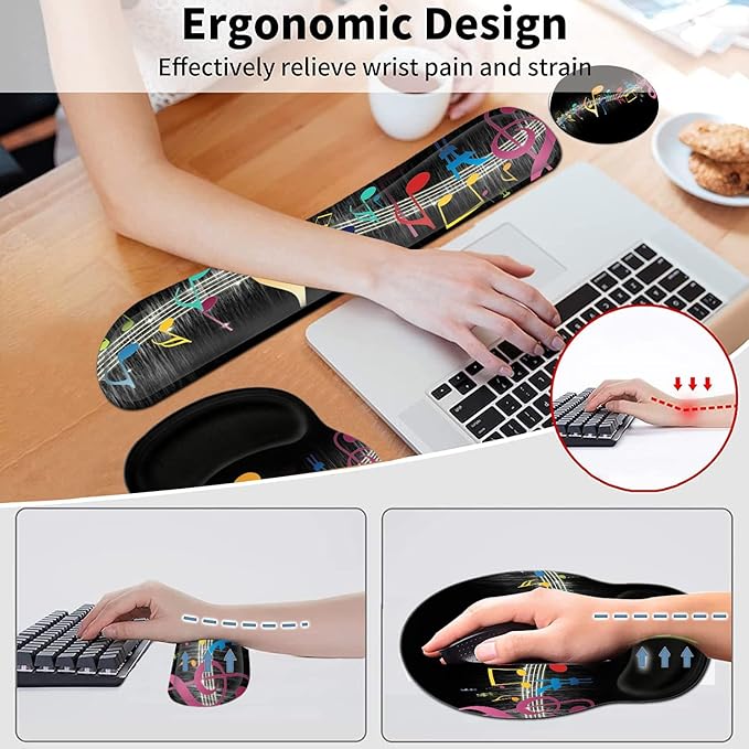 Ergonomic Gel Mouse Pad Wrist Support + Memory Foam Keyboard Wrist Rest for Home Office Gaming Desk Pad Easy Typing Pain Relief Hand Rest Pad Cute Round Desk Mat Music Note Pattern Black Mousepads