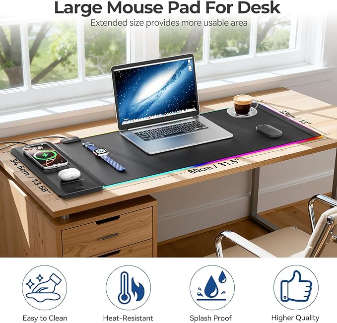 KDD Mouse Pad with Foldable Phone Holder - Wireless Charging Desk Mat 15W Fast - RGB Gaming Mousepad with Ultra-Smooth Surface Non-Slip Base - Keyboard Mat for Home Office Gamer Desk Accessories