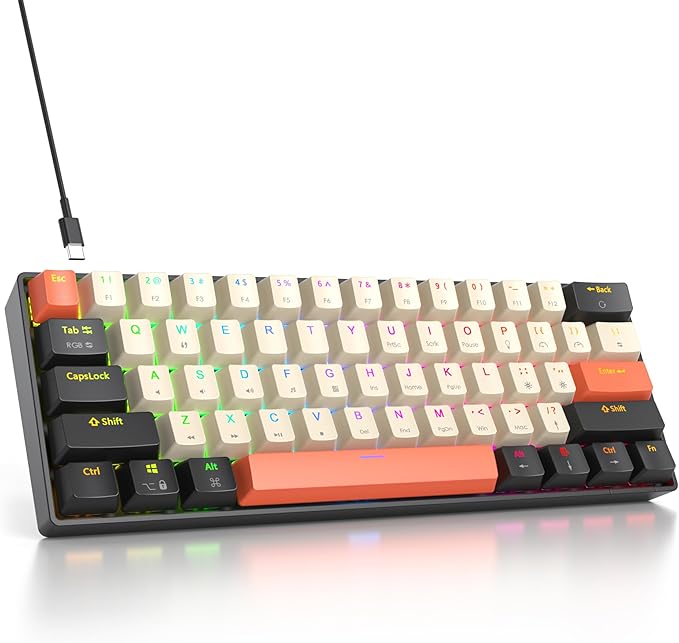 60% Mechanical Keyboard 61-Key Wired Gaming Keyboard with Red Switch RGB Lighting Effect PBT Keycaps Ultra-Compact Mini Keyboard Suitable for Win/Mac(61 Carbon)