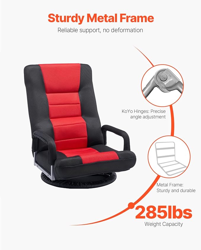 VEVOR Swivel Floor Gaming Chair with Armrests 360-Degree Rotating Floor Chair with 6 Adjustable Position Folding Backrest and Lumbar Support Folding Video Reclining Sofa for TV Reading Red Black