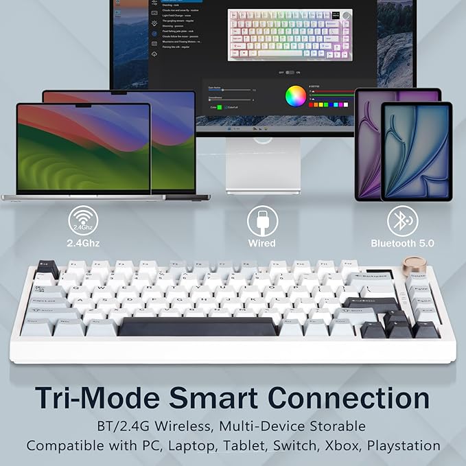75% Wireless Mechanical Gaming Keyboard Creamy Sound Hot Swappable Pre-lubed Linear Switches Gasket Structure Multimedia Display RGB Backlit 2.4GHz/USB/BT5.0 Custom Keyboard for Win/Mac