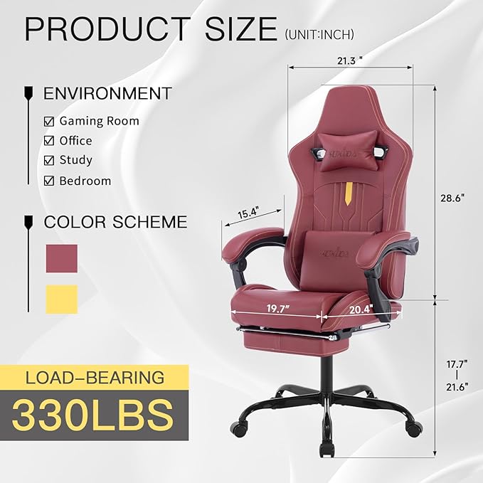 Gaming Chair with Footrest Ergonomic Computer Chair Massage Lumbar Cushion Racing Video Game Chair Adjustable Rocker Recliner Executive Office Desk Chair Pu Leather for Adults