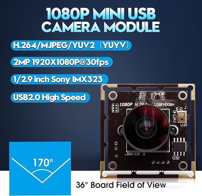 1080P USB Camera Module for Video Conferencing 2MP IMX323 with 170 Degree Fisheye Lens H.264 Format and Low Light Performance for Computer Linux Android Jetson Nano