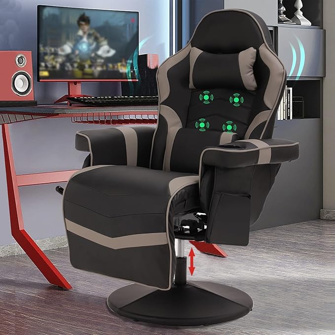 LVUYOYO Reclining Gaming Chair Gaming Chair with Footrest and Massage High Back PU Leather Gaming Recliner w/Adjustable Height Swivel Game Chair with Lumbar Support Cup Holder Headrest