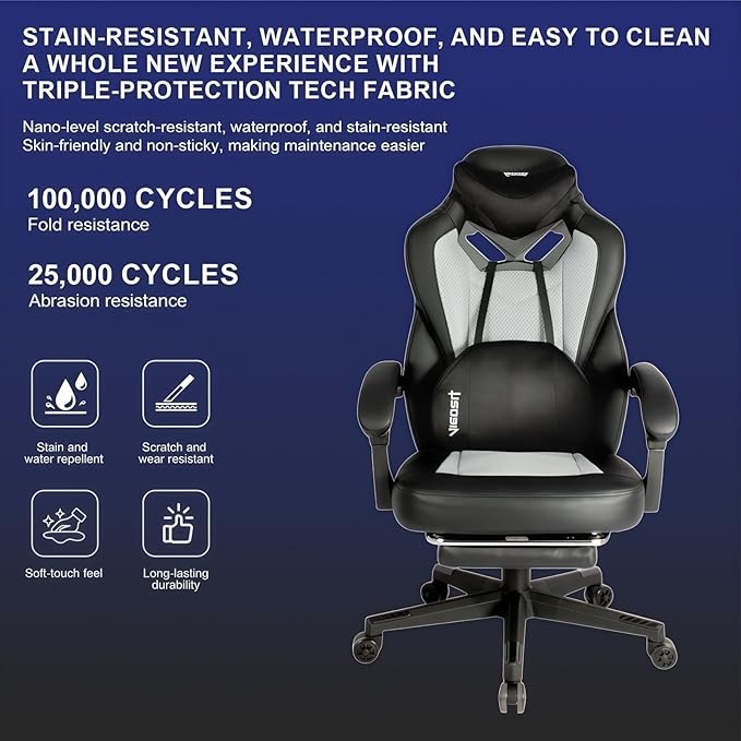 Gaming Chair PRO Ergonomic Gaming Chairs for Adults Heavy People Massage Reclining Office Desk Computer Chair with Footrest and Lumbar Support Big Tall Mesh Gamer Chair with Cushion (Grey)