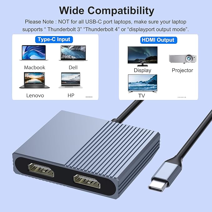 Dual HDMI Adapter for 2 Monitors Double 4K@60Hz HDMI Splitter for dual monitors Dual Monitor Adapter hdmi Splitter Extended Display USB C Laptop Docking Station Dual monitor for Dell/Mac/HP/Lenovo
