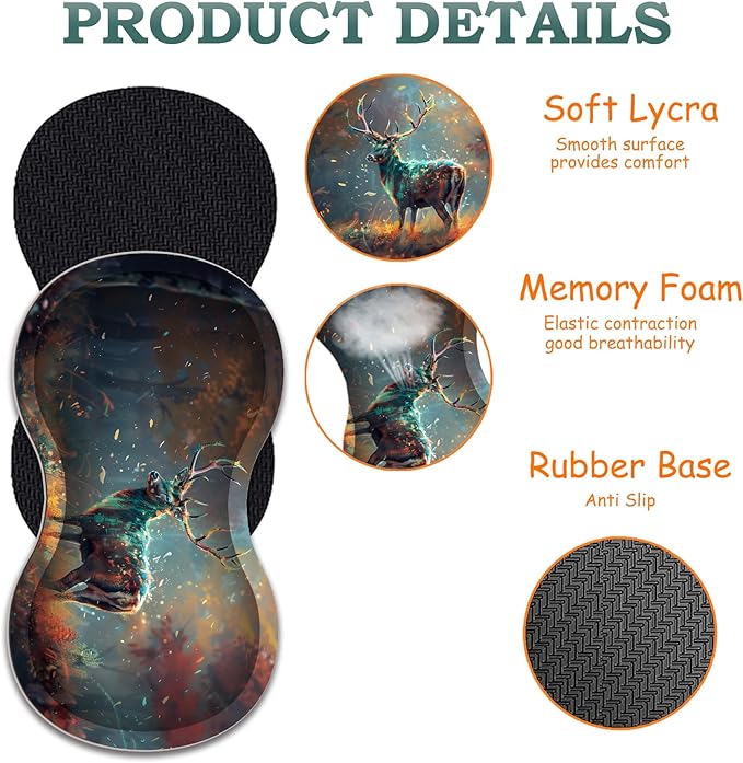 3-in-1 Large Mouse Pad Gaming Set (31.5 x 11.8 inch)+ Wrist Rest Pad + Coaster Memory Foam Gel Wrist Rest Pad for Pain Relief Stitched Edges Non-Slip Table Mat Painted Deer