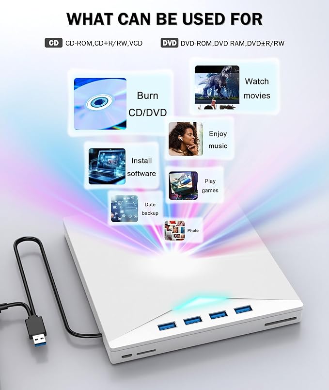 External CD/DVD Drive for Laptop PC8 IN 1 LED Portable DVD Drive CD Burner CD-ROM DVD-/+RW Writer Reader with TF/SD Card SlotsUSB 3.0 DVD Drive ExternalCompatible with MacWindows 11/10/8/7Linux