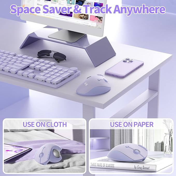 seenda Wireless Trackball Mouse Bluetooth - Ergonomic Rollerball Mouse Rechargeable 3 Device Connection Optical Mice Adjustable DPI Thumb Control Mice Compatible for Mac/Android/Windows-Light Purple