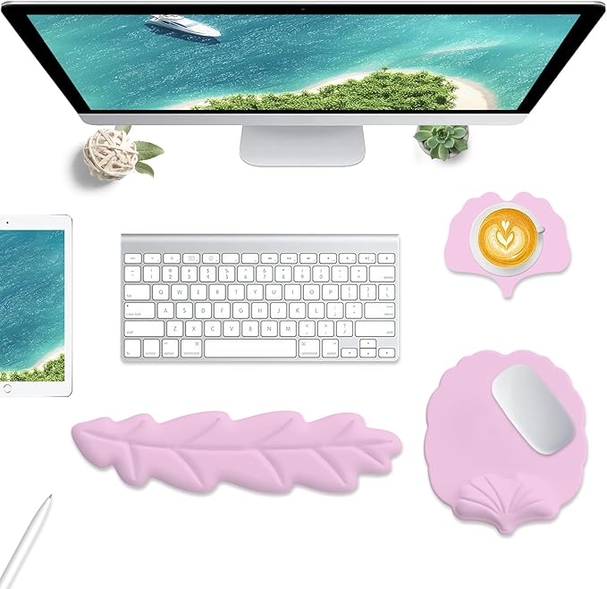 Keyboard Wrist Rest and Mouse Pad with Wrist Support Set Ergonomic Leaf Shape Mouse Pad with Non-Slip Base Pain Relief Memory Foam Mousepad for ComputerLaptopHome Office Pink