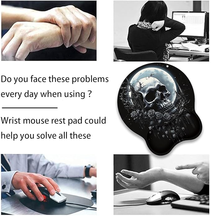 Mouse Wrist Rest and Keyboard Wrist Rest Pad+ Coaster Set Non-Slip Rubber Base Smooth Surface Ergonomic Gaming Mouse Pad for Easy Typing and Pain Relief Skull Rose Under The Moon