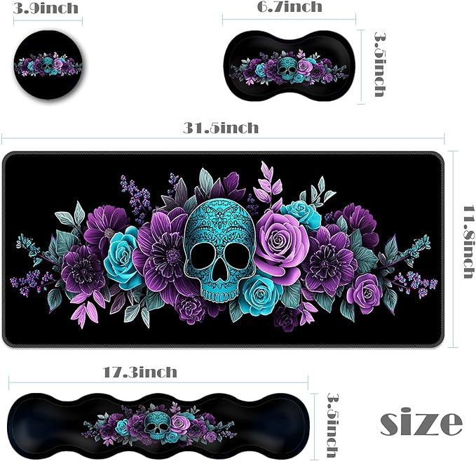 Ergonomic Keyboard Wrist Rest &amp Mouse Pad Wrist Rest SetXL Gaming Desk Mat 31.5x 11.8Non-Slip BaseMemory FoamEasy Typing Pain Relief for Office &amp HomeTeal Skull Purple Blue Flowers