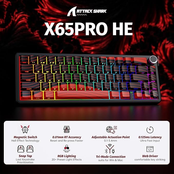 ATTACK SHARK X11 &amp X65 PRO HE Rapid Trigger Hall Effect Keyboard60% Magnetic Keyboard 8K Polling Rate RGB Hot SwapWireless Gaming Mice with Charging Dock 22K DPIBT/2.4Ghz/WiredCoiled Cable-Red