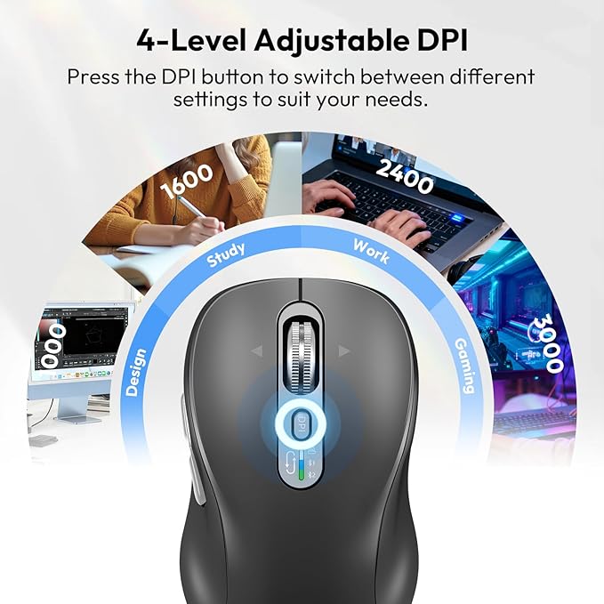 Wireless Bluetooth Mouse Portable Rechargeable Multi-Device4-Level DPIUSB-A Receiver and Two Bluetooth Multi-System4-Way Scrollig for MacBook Air/Pro iPad Laptop Computer. (Grey)