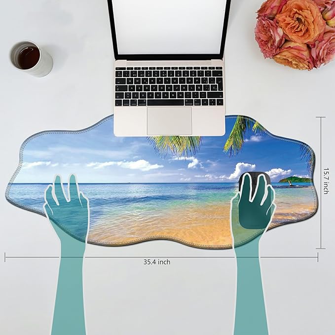 Beach Palm Desk Mat Mouse Pad 35.4X15.7 XL Extended Mousepad Huge Mouse Pads with Stitched Edges Desk Pad for Work Game Office Home