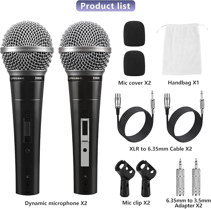 LyricLoom 2 Pack Wired Microphone for Karaoke Singing Vocal Dynamic Mics with Switch16.4ft Cable with 3.5mm Adapter Metal Handheld Corded Microphone for Speaker Karaoke Machine Amplifier