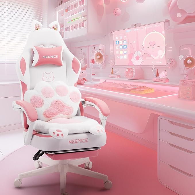Pink Gaming Chair Cute with Cat Ears Paw Lumbar and CushionErgonomic Computer Chair with FootrestReclining PC Game Chair for Girl Computer Chair 300lbs for Adult