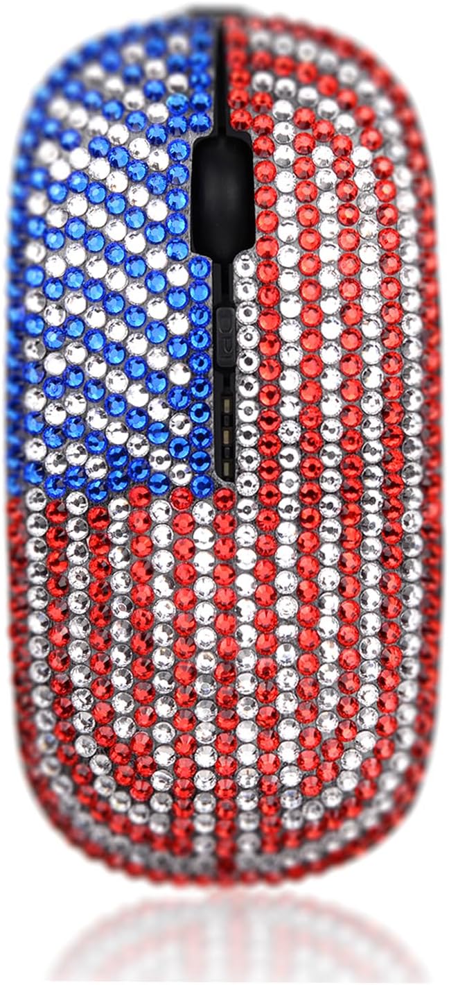 WONGS American Flag Bling Luxury Crystal Rhinestone Rechargeable 2.4G Wireless Mouse for Laptop Computer Cute USA Star Stripes Mouse for Girls - Flag Black