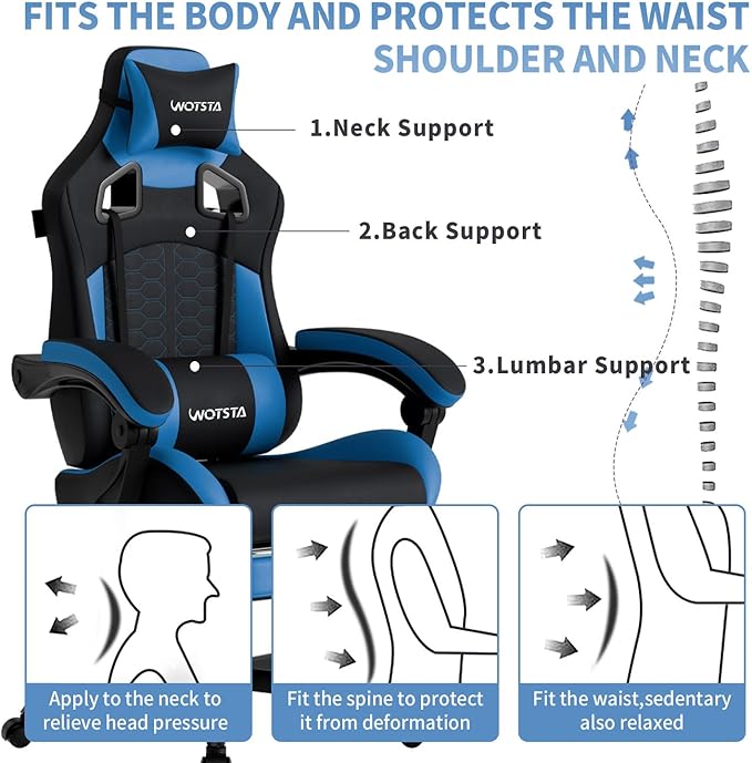 Gaming Chair with Footrest Gaming Chairs PVC Leather Ergonomic Office Gamer Chair Headrest Lumbar Support Racing Style Video Gaming Chair for Office (Black Blue)