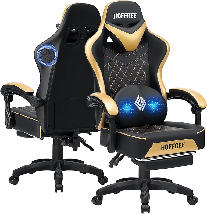 HOFFREE Gaming Chair with Speakers Massage Computer Gaming Chair with Pocket Spring Cushion for Adults Reclining Gamer Chair with Bluetooth Video Game Chairs with Footrest Gold and Black