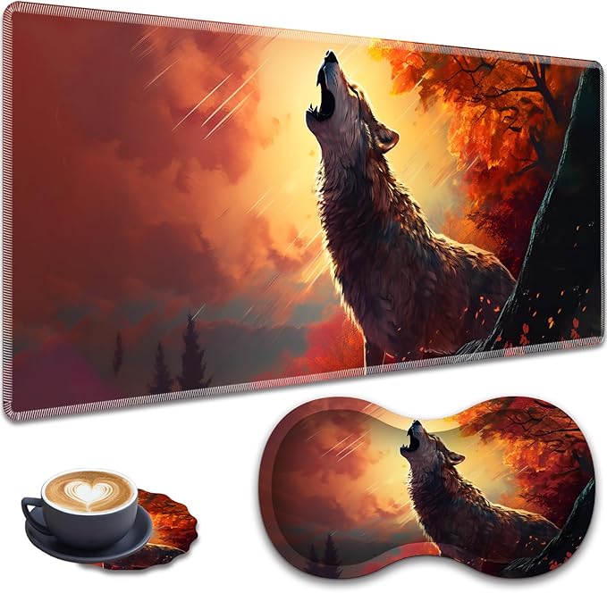 Mouse Pad Set Large Gaming Mouse Pad (31.5X 11.8 inches)+ Wrist Rest Pad + Coaster Ergonomic Wrist pad Home Office Desk Accessories Decor Supplies Wolf Howling Under The Moon
