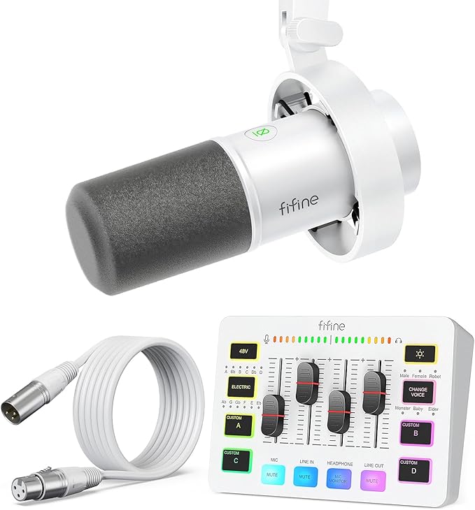 FIFINE Podcast Microphone Set Studio XLR/USB Dynamic Microphone and Streaming Audio Mixer with 48V Phantom Power &amp Slider Fader Mic Kit with 10ft XLR Cable for Recording Gaming-K688W+SC3W+L9W