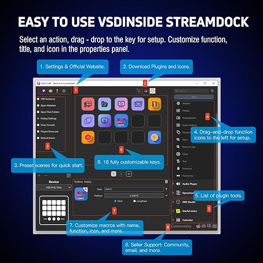 VSDINSIDE Macro Keypad Stream Controller Deck Gaming Streaming Shortcut Keyboard 18 Programmable Keys Customizable Visual AI Pad USB Soundboard for OBS YouTube Desk Office Setup Laptop PC Mac