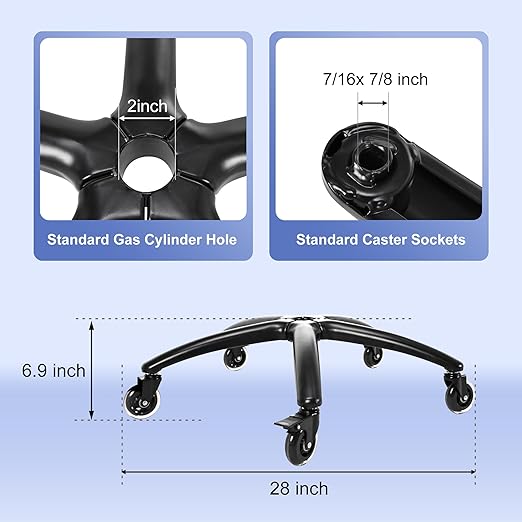 Frassie 28 Inch Office Gaming Chair Metal Base Set Replacement Part Wide Chair Legs with Bottom Plate Stand Cylinder 2 Wheels with Brake