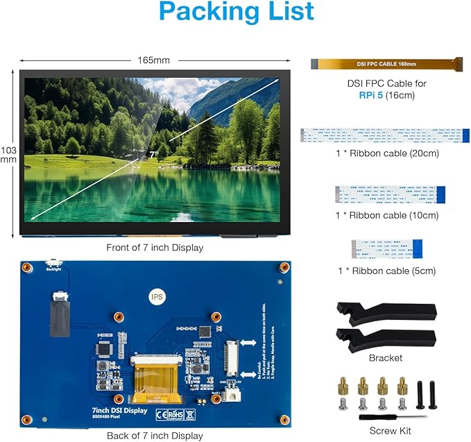 7 Inch Touchscreen IPS DSI Display Compatible with Raspberry Pi 5/4/3 800x480 Pixel Capacitive Screen MIPI Driver-Free Interface