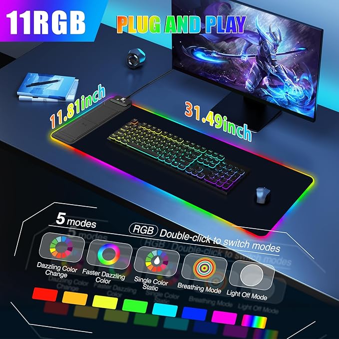 RGB Mouse Pad with Foldable Phone Stand &amp Wireless Charger 31.5x11.8 XL Gaming Mousepad Large Desk Mat Desk Pad with Dual Charging for Phone &amp AirPods | 11 Colors &amp 5 Modes | Waterproo