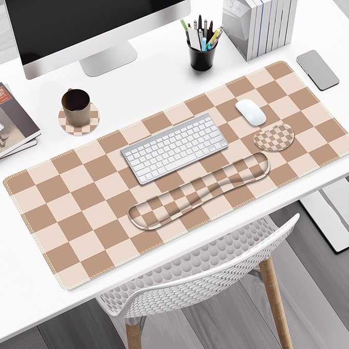 Beige Khaki Checkered Mouse Pad Set 4 in1 Large Gaming Ergonomics Keyboard Desk Mat with Memory Foam Wrist Rest Extended Game Mousepad Non-Slip Desk Pad Matt Easy Typing Pain Relief