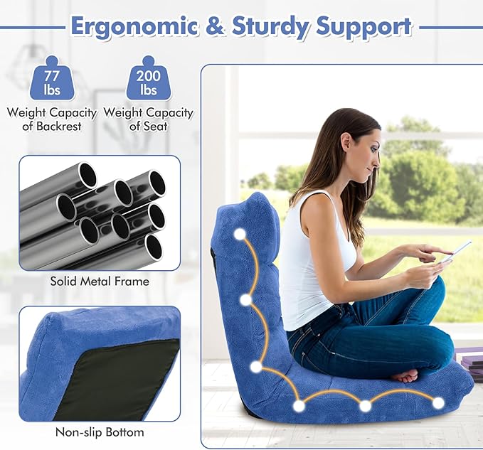 GOFLAME 14-Position Folding Floor Chair Padded Gaming Lazy Sofa Chair with Adjustable Backrest Couch Recliner Sleeper Bed Lounge Chair for Reading Gaming Meditating (Blue)