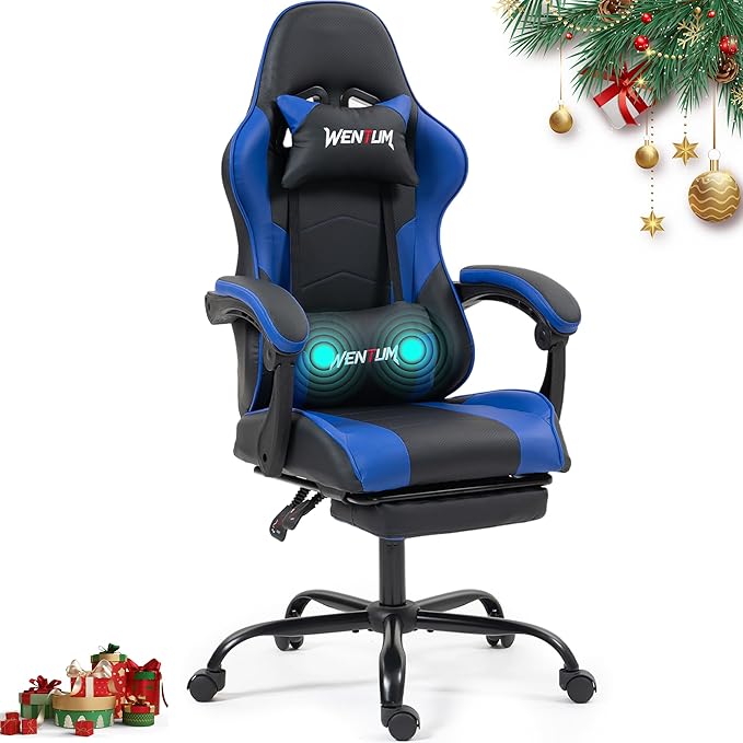 Gaming Chair with Footrest for Adults - PU Leather Video Game Chair w/Massage Lumbar Support for Men Women Ernogomic Computer Gamer Chair for Home Office Height Adjustable Blue