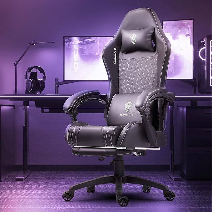 Dowinx Gaming Chair with Massage Lumbar Support and Footrest Video Game Chair for Adults Adjustable Ergonomic Gamer Chairs High Back with Pocket Spring Cushion Swivel Recliner with Headrest Black