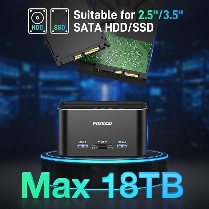 FIDECO Hard Drive Docking Station USB 3.0 Aluminum Hard Drive Docking Stations 2.5/3.5 SATA HDD SSD TF Card Reader and SD Card Reader Offline Clone Support