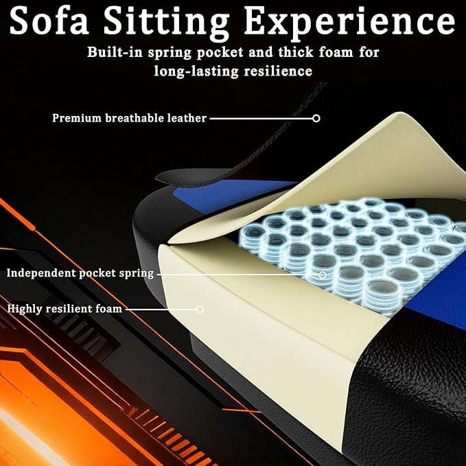 Gaming Chair with Pocket Spring Cushion and Footrest Ergonomic Computer Chair for Adults Breathable PU Leather Game Chair Adjustable Headrest and Lumbar Support Office Desk Chair
