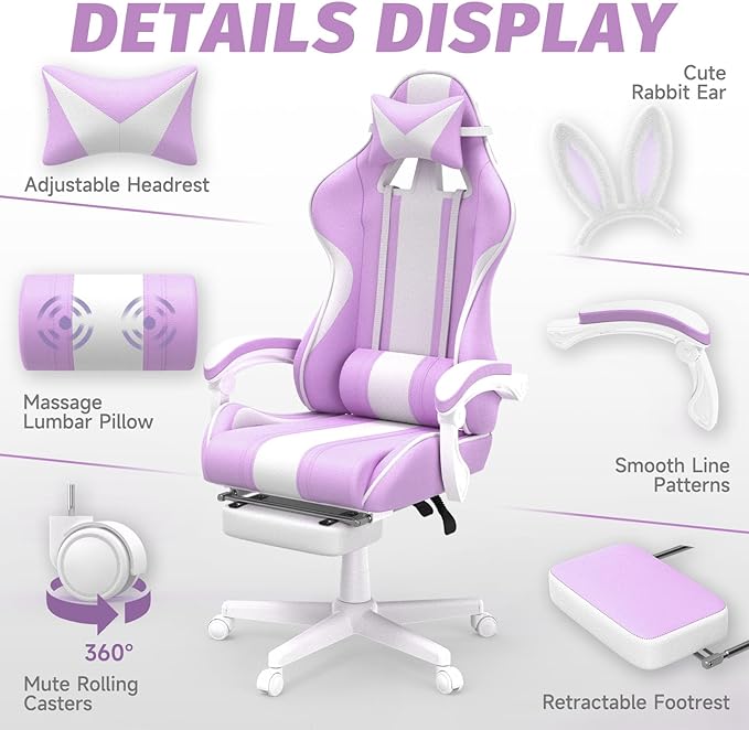 Ferghana Kawaii Light Purple Gaming Chair with Bunny Ears Ergonomic Cute Gamer Chair with Footrest and Massage Racing Reclining Leather Office Computer Game Chair for Girls Adults Teens Kids