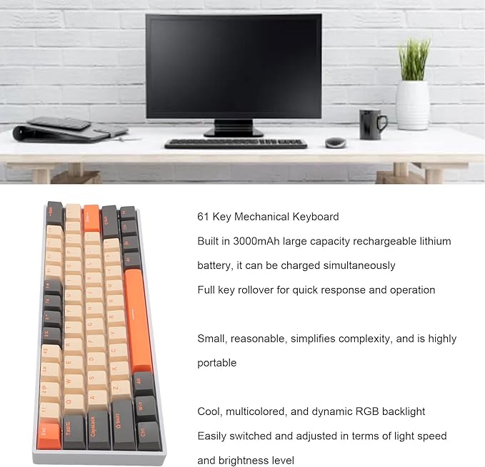 Zunate 60% Gaming Mechanical Keyboard Three Mode BT5.0/2.4G Cordless/USB C Hot Swappable Mechanical Keyboard 61 Key RGB Backlit Keyboard for Win Android