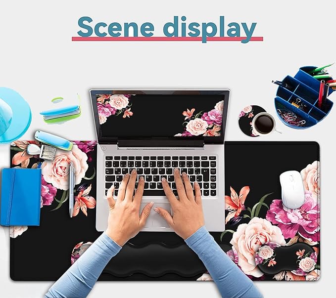 Black Mouse PadKeyboard Mouse Pad SetExtended Gaming Mouse Pad + Memory Foam Keyboard Wrist Rest SupportPeony Flower Office Desk Mat Writing Pad Easy Typing Pain ReliefXXL Large Mousepad Desk Mat
