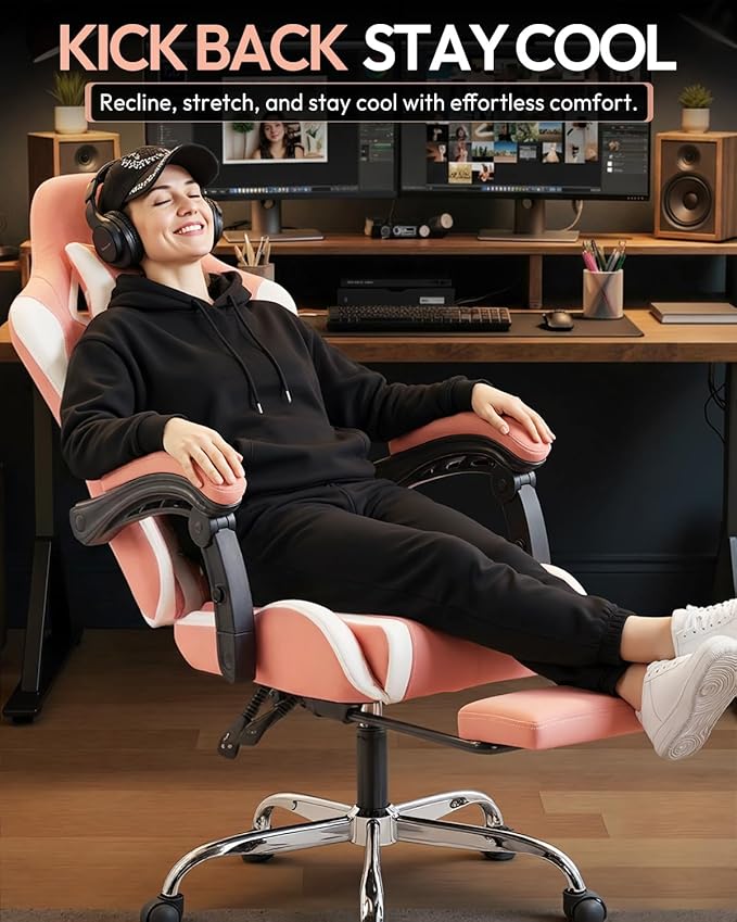 Dowinx Ergonomic Pink Gaming Chair with Footrest &amp Massage Lumbar 2D-Linkage Armrests for Cute Aesthetic Esports Chair for Girls Office Home and Long Gaming Sessions Pink