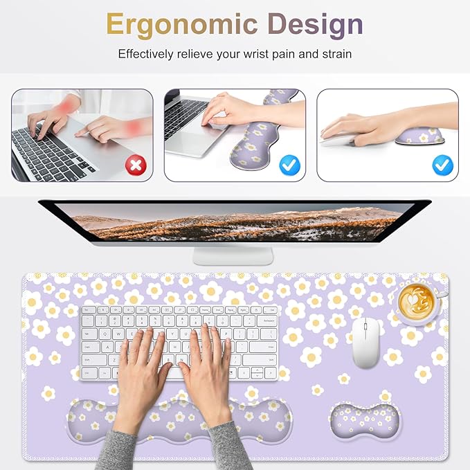 Desk Mat Gaming Mouse Pad Cute Desk Matt Keyboard Wrist Rest for Desktop Anti-Slip Mousepad w/Stitched Edges XXL Large Mouse Pad with Wrist Support for Desk Computer I Lavender Happy Flowers