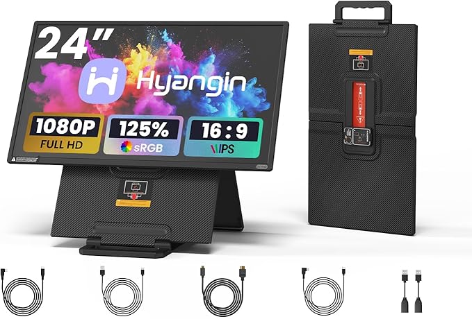 Hyangin 24-inch Large Portable Monitor for Laptop 2026 Upgraded 1080P FHD 100Hz Portable Screen125% sRGB IPS Portable Second Monitor with Adjustable Stand for Laptop MacBook Phones