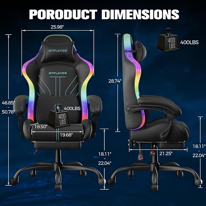 GTPLAYER Gaming Chair Computer Chair with RGB LED Lights High Back Ergonomic Chair for Adults with Footrest Reclining Office Chairs Linkage Armrest Blue