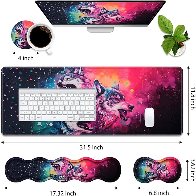 4 in 1 Ergonomic Memory Foam Mouse Pad Wrist Rest Set Large XXL Gaming Desk Pad + Keyboard Wrist Rest + Mouse Wrist Cushion + Coaster for Home Office Study Gaming Watercolor Art Wolf Howling