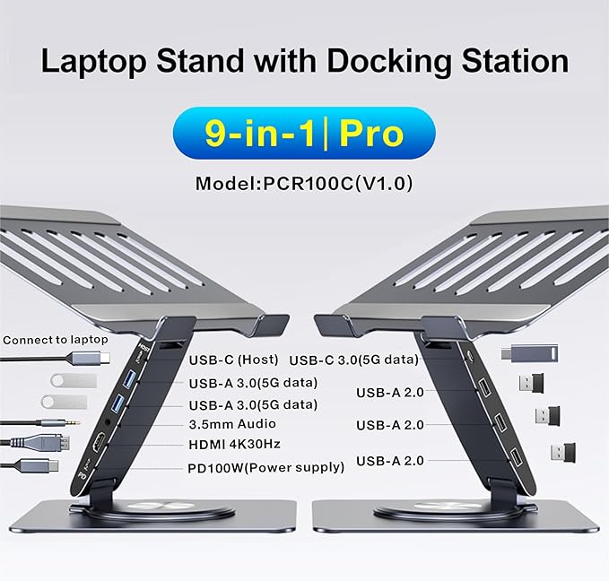 Laptop Docking Station Stand Dual Display 4K HDMI USB3.0 3.5mm Audio Jack 9-IN-1 360° Swivel Laptop Stand for Desk with USB-C Hub Multiport Adapter Universal for MacBook Pro/Air/Dell/HP/Surface/Lenovo
